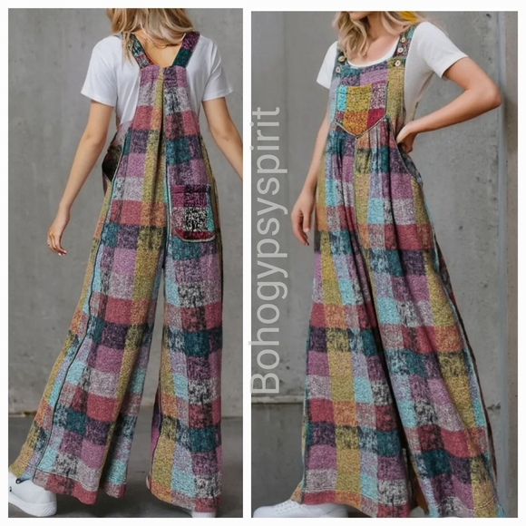 Patchwork Plaid Fleece Wideleg Jumpsuit Overalls - Picture 10 of 17